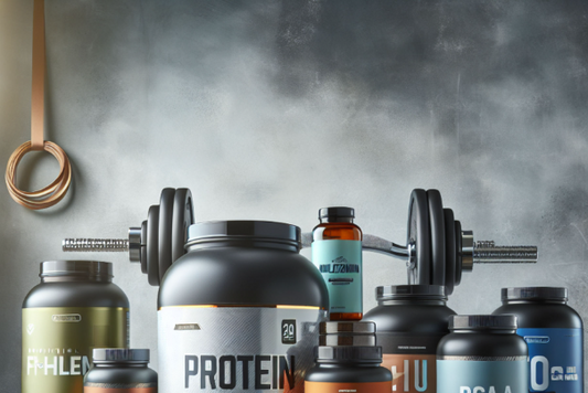 Muscle recovery supplements with dumbbell and gym equipment
