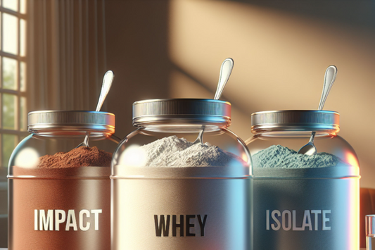 Impact, Whey and Isolate protein powders in glass jars with spoons