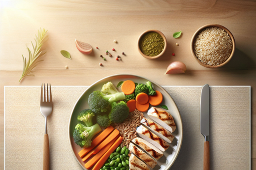Healthy meal with chicken, vegetables, and rice for fat loss and muscle gain