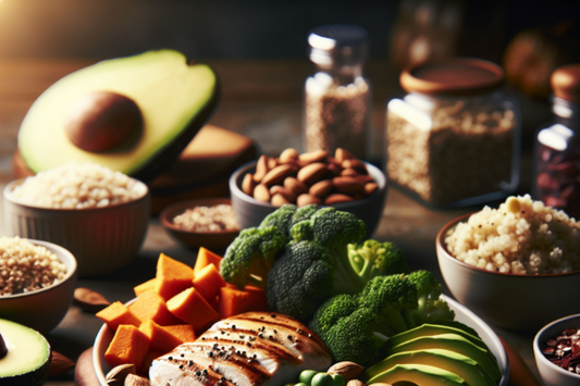 Healthy foods for muscle gain including chicken, beans, and vegetables