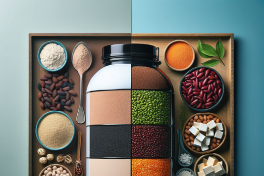 A visual comparison of whey protein and plant-based protein sources, showcasing the ingredients and benefits of each type.