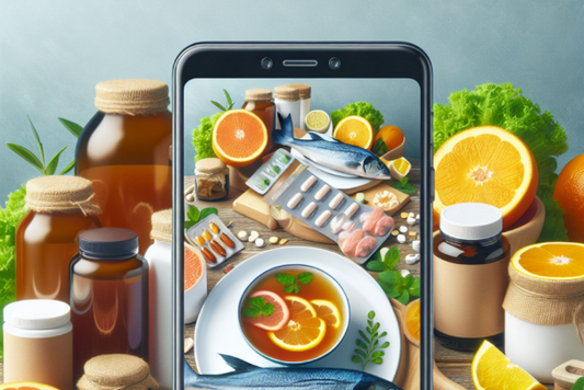 Collagen supplements in bottles, tablets, and capsules. A phone camera shows images of food rich in collagen like fish, oranges, and lemon.