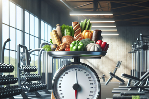 A scale holding nutritious foods, symbolizing calorie intake for muscle gain