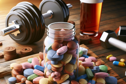 A jar filled with muscle gain tablets and workout equipment.