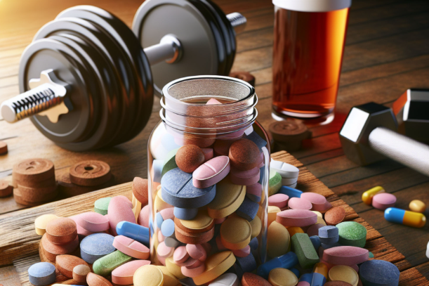 A jar filled with muscle gain tablets and workout equipment.