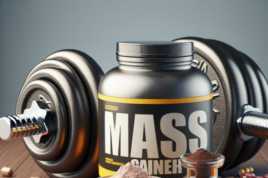 A container of Muscle Gainer supplement in a kitchen setting