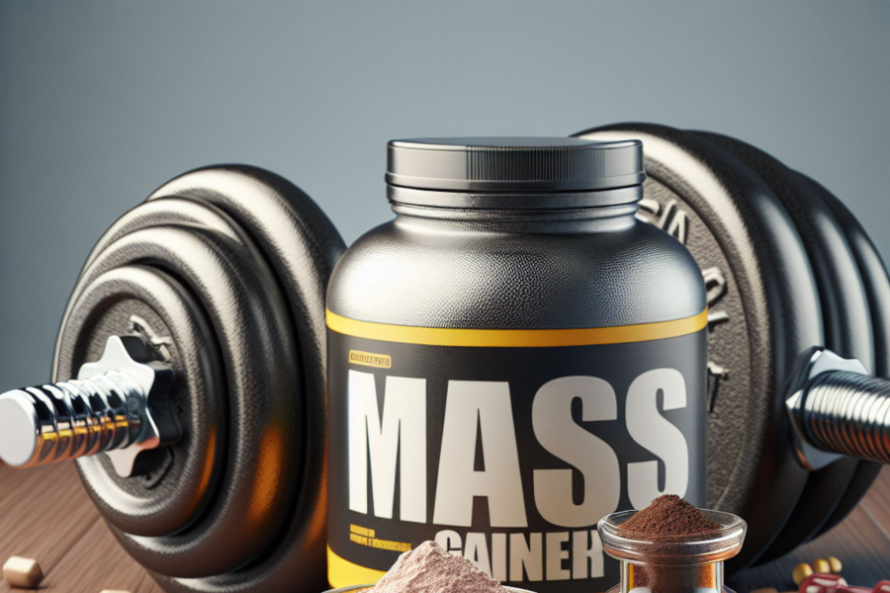 A container of Muscle Gainer supplement in a kitchen setting
