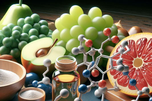 Arginine molecule with foods rich in this amino acid, including nuts, fruits, and vegetables
