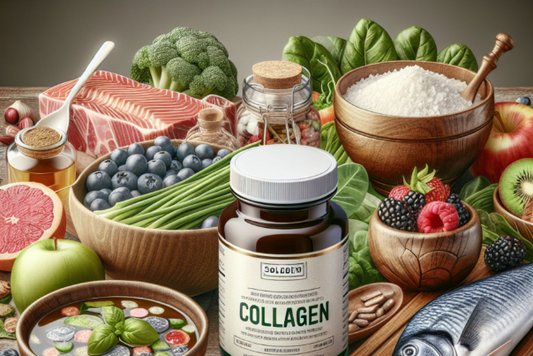 A collage of various foods high in collagen, including salmon, chicken, eggs, and berries, alongside a bottle of collagen supplement.