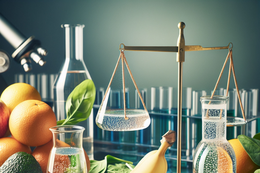 Laboratory scale with beakers and fruit, illustrating the concept of electrolyte balance and its connection to healthy foods.