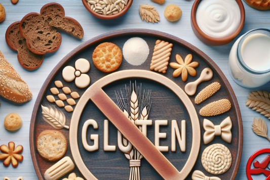 A wooden platter with various baked goods and a sign saying 'Gluten Free' with a red slash through a wheat symbol.